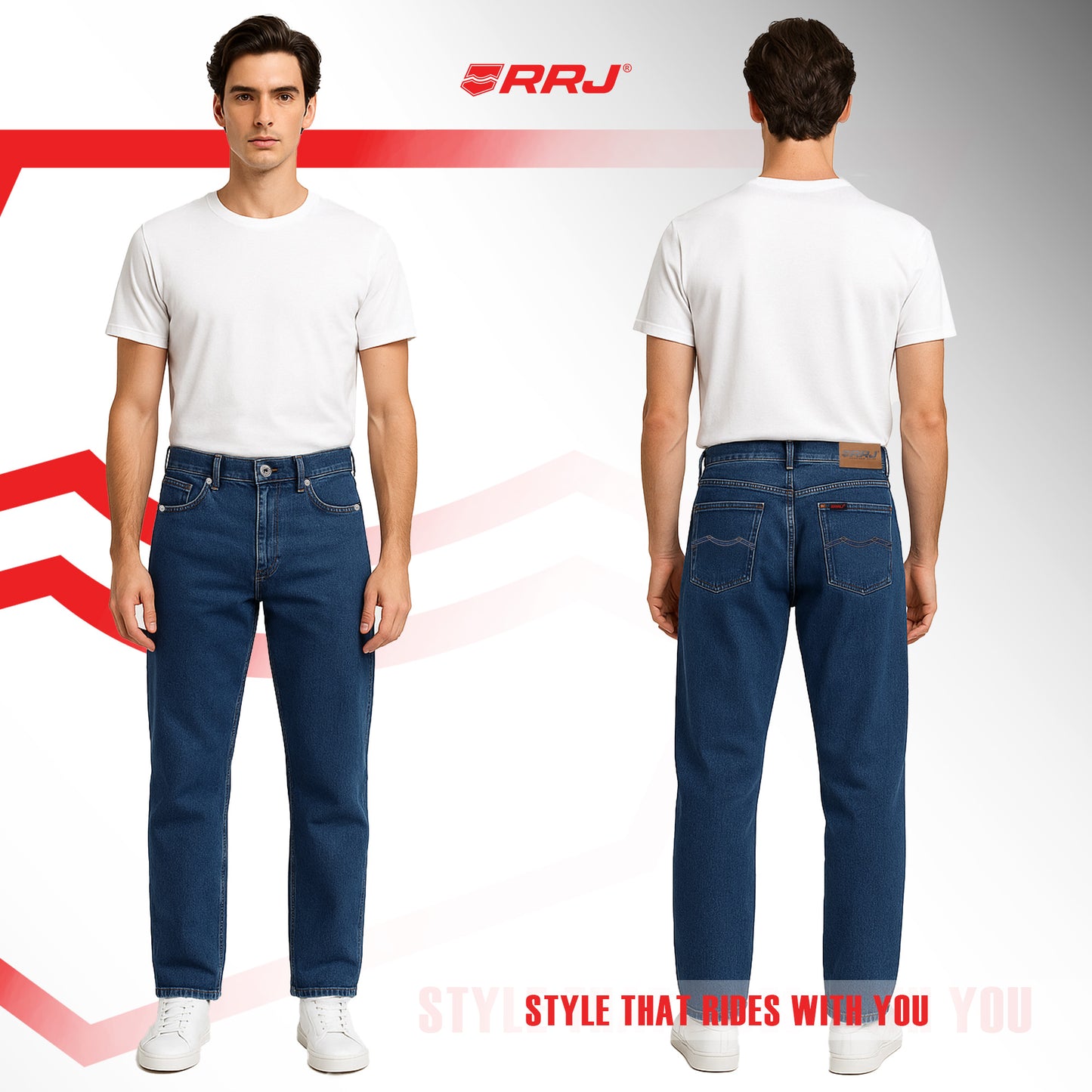 RRJ Men's Basic Denim Pants Relaxed Mid-Waist Fitting 194067-U (Medium Shade)