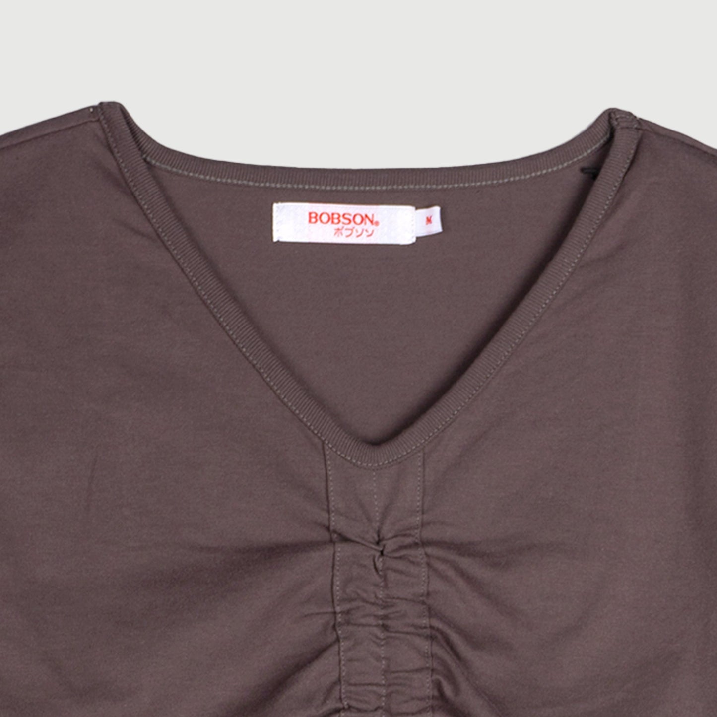 Bobson Japanese Ladies Basic V Neck Tees with Adjustable Front String Trendy Fashion High Quality Apparel Comfortable Casual Top for Women Cotton Spandex Boxy Fit 142011 (Pavement)