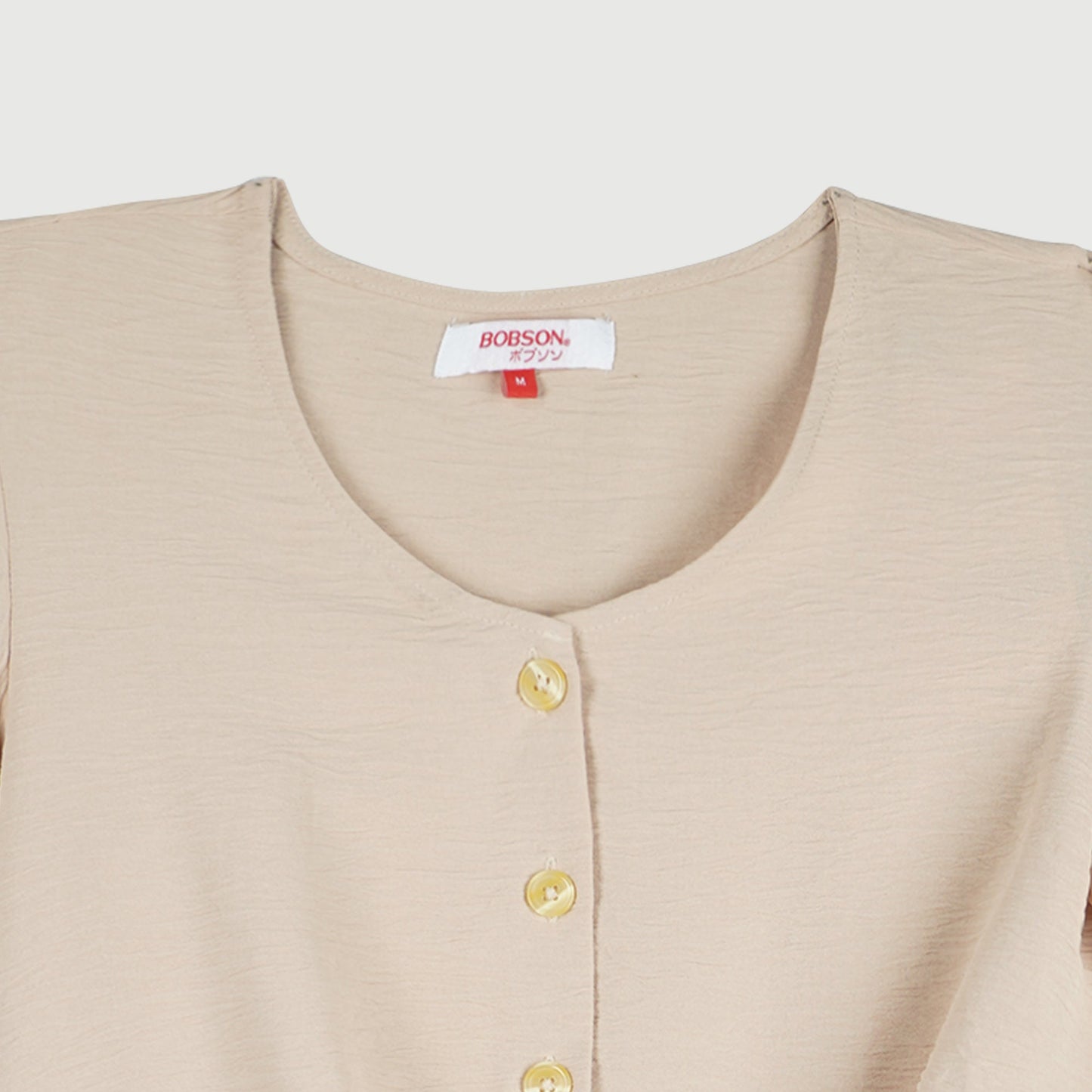 Bobson Japanese Ladies Basic Woven Button Down Top for Women Trendy Fashion High Quality Apparel Comfortable Casual Blouse for Women Boxy Fit 139747 (Beige)