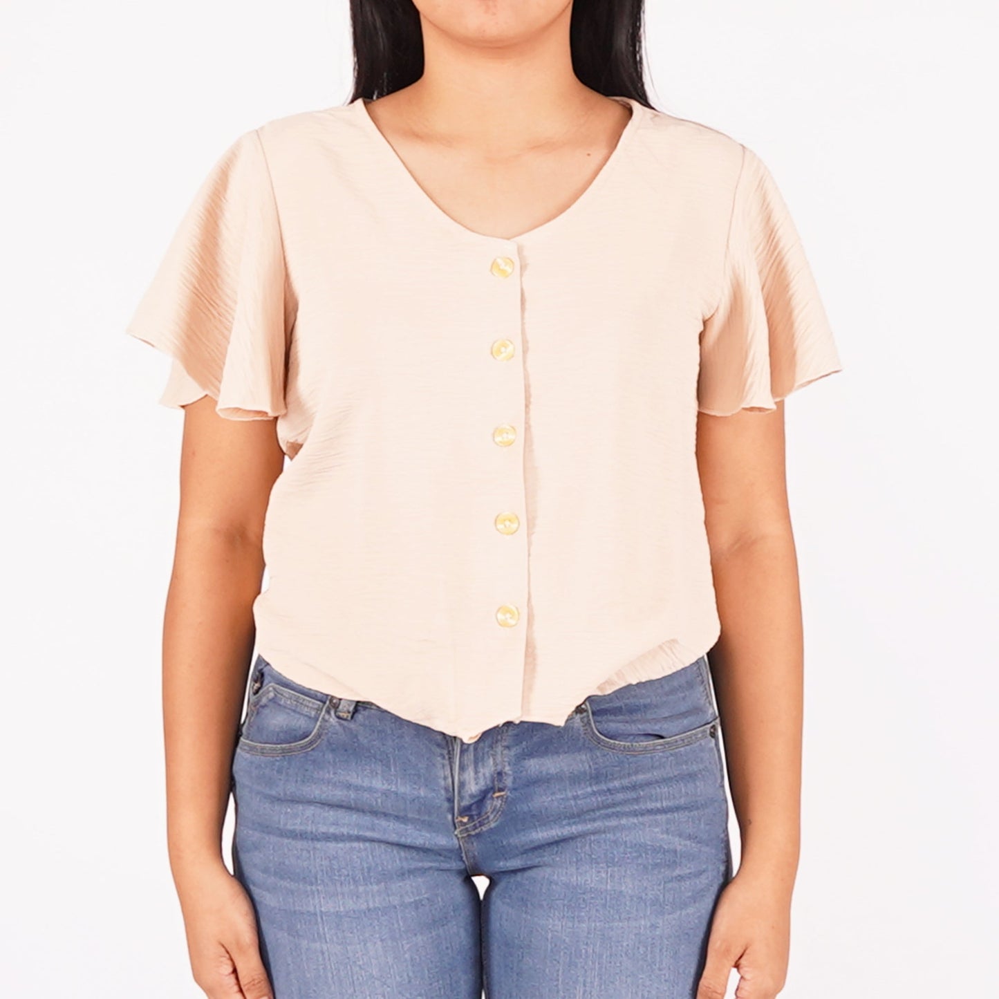 Bobson Japanese Ladies Basic Woven Button Down Top for Women Trendy Fashion High Quality Apparel Comfortable Casual Blouse for Women Boxy Fit 139747 (Beige)