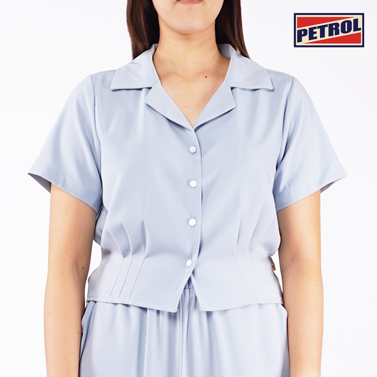 Petrol Ladies Basic Woven Shirt Crop Fitting Woven Fabric 156404 (Smoke Blue)