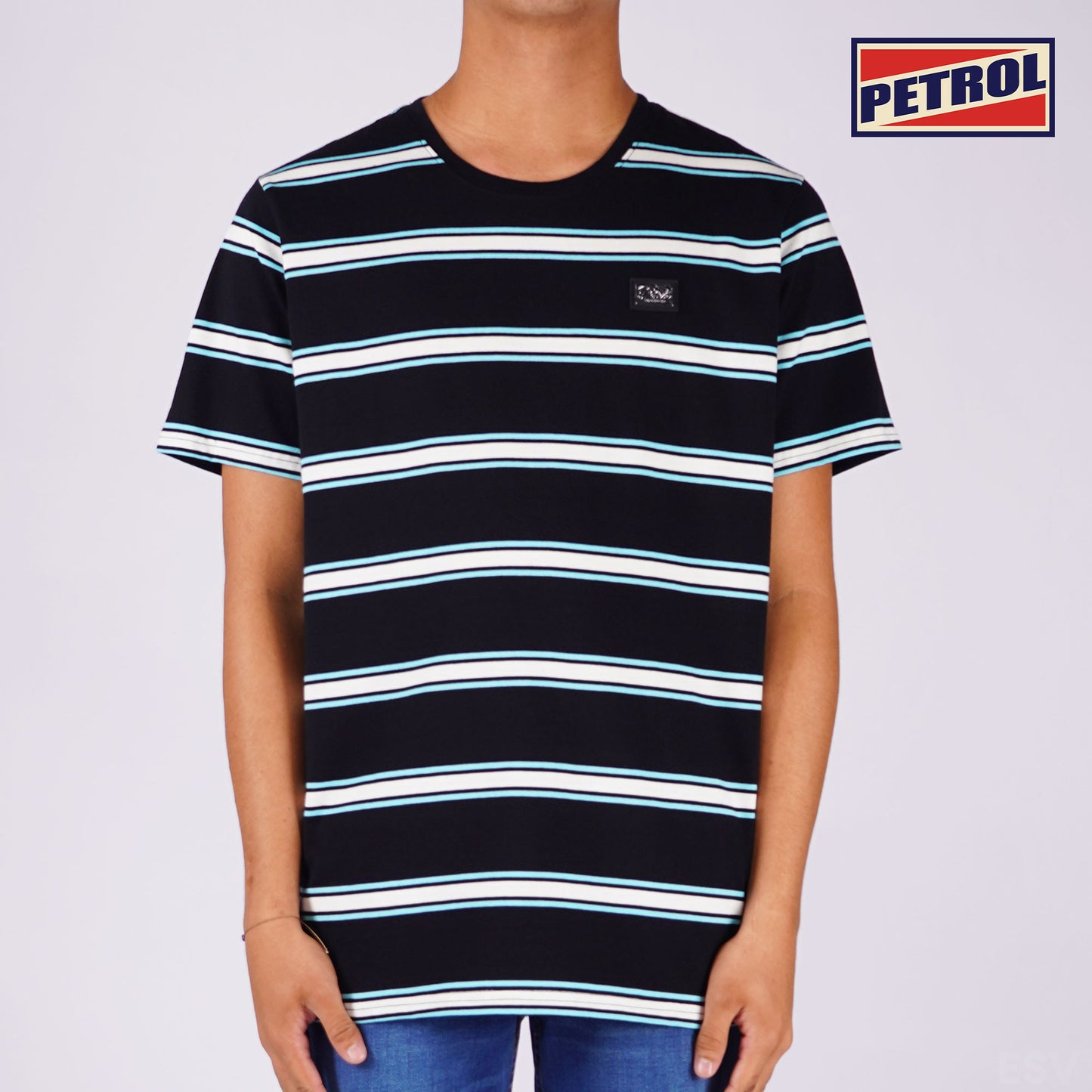 Petrol Men's Basic Tees Slim Fitting Stripe Jersey Fabric 161848 (Black)