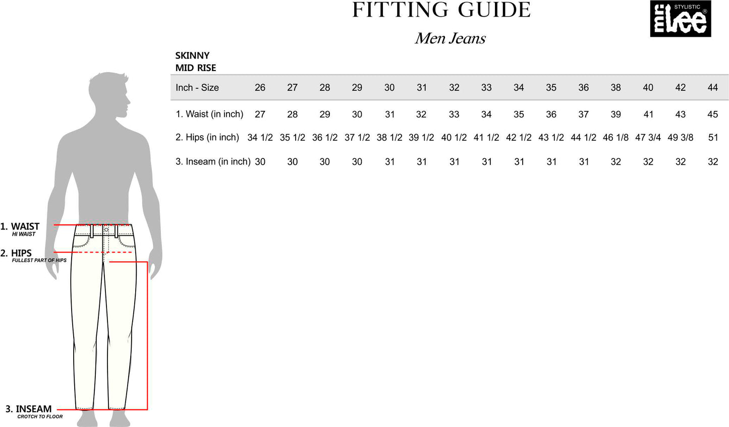 Stylistic Mr. Lee Men's Basic Denim Pants Skinny Mid Waist 176924-U (Medium Shade)