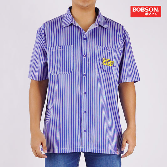 Bobson Japanese X Tom and Jerry  Men's Basic Woven Shirt Comfort Fit 169007 (White Blue)