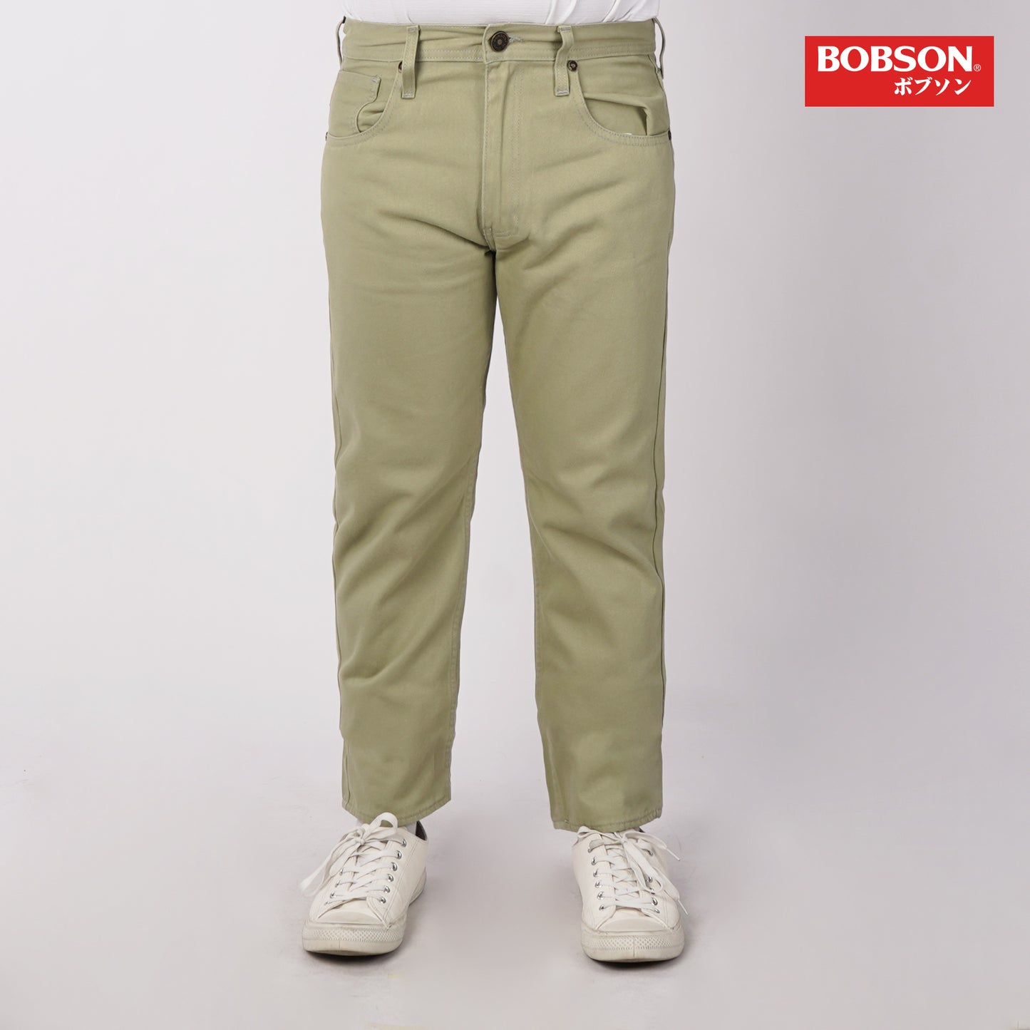 Bobson Japanese Men's Basic Denim Pants Skinny Mid Waist 175391 (Olive Light)