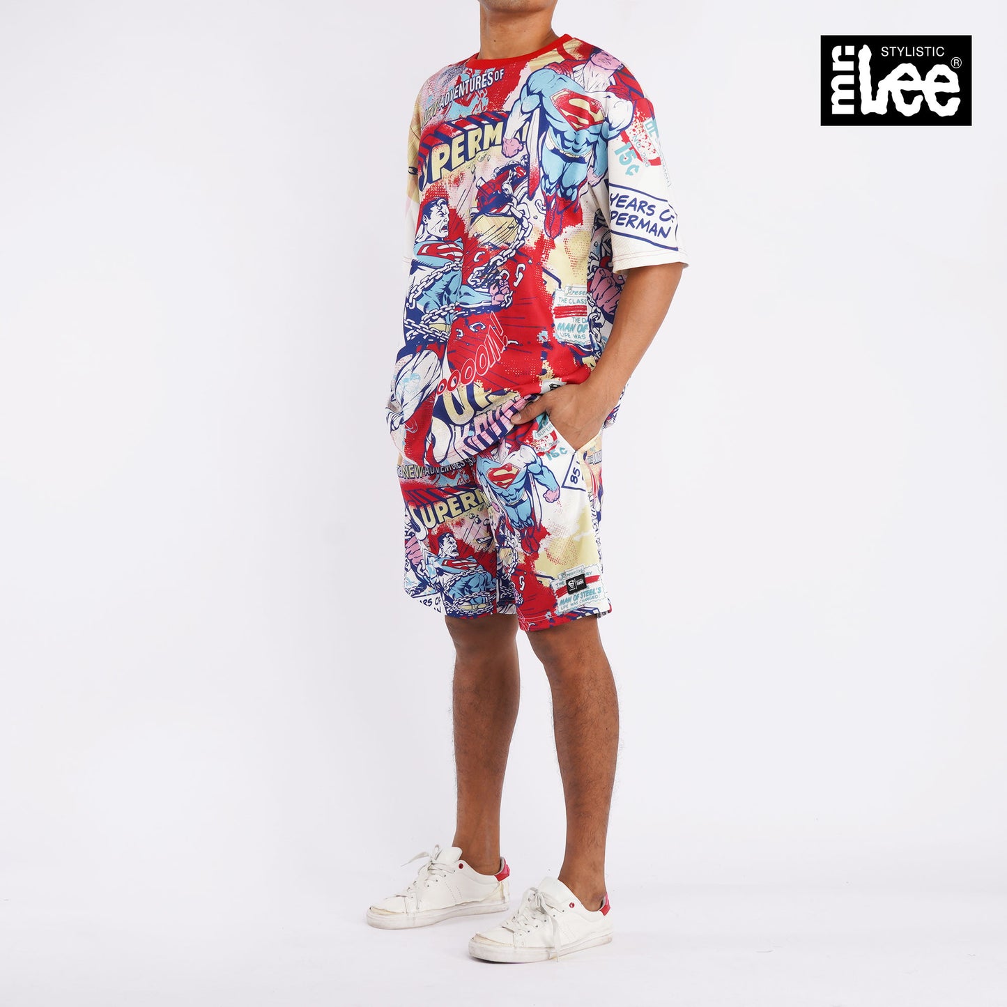 Stylistic Mr. Lee Men's X Justice League Superman All Over Print Basic Non-Denim Jogger Short for Men Trendy Fashion High Quality Apparel Comfortable Casual short for Men 132063 (Red)