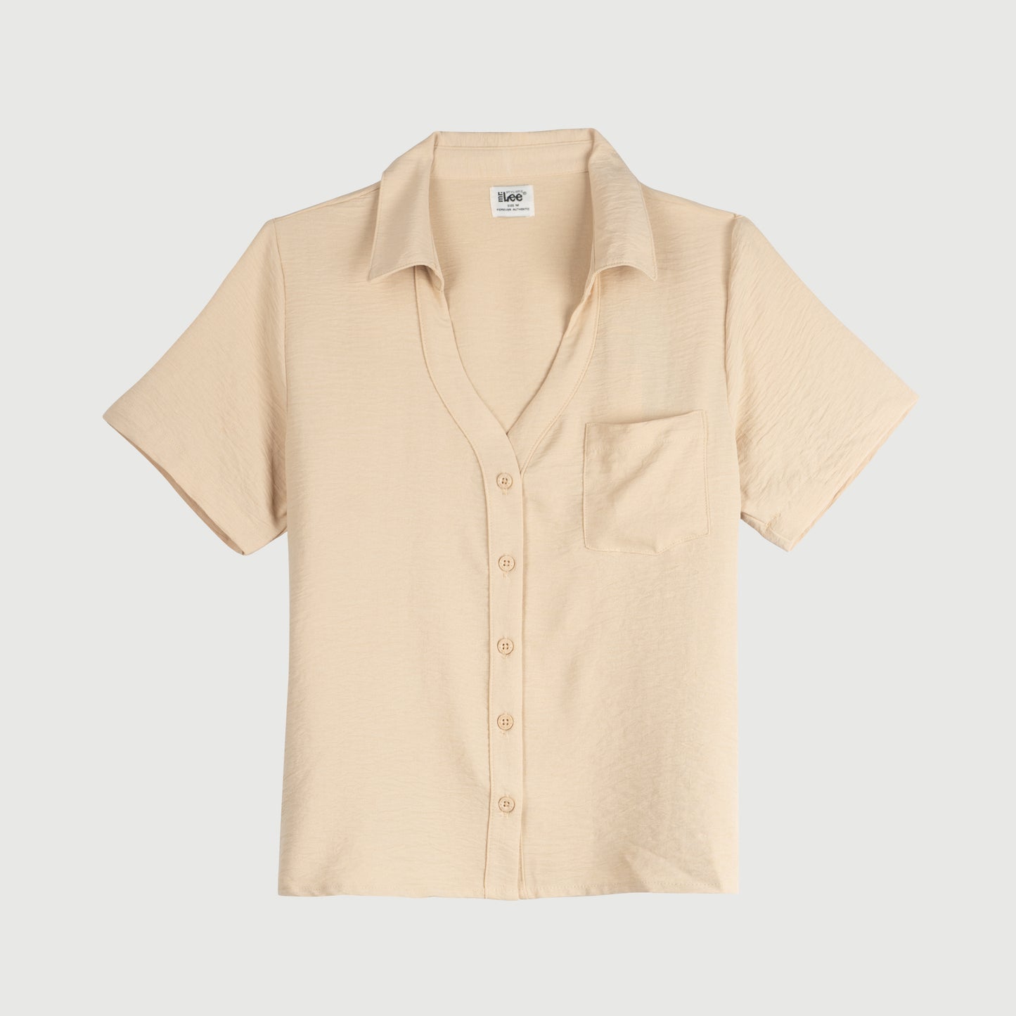 Stylistic Mr. Lee Ladies Basic Woven V-Neck Blouse with Collar for Women Trendy Fashion High Quality Apparel Comfortable Casual Top for Women Boxy Fit 145588 (Beige)