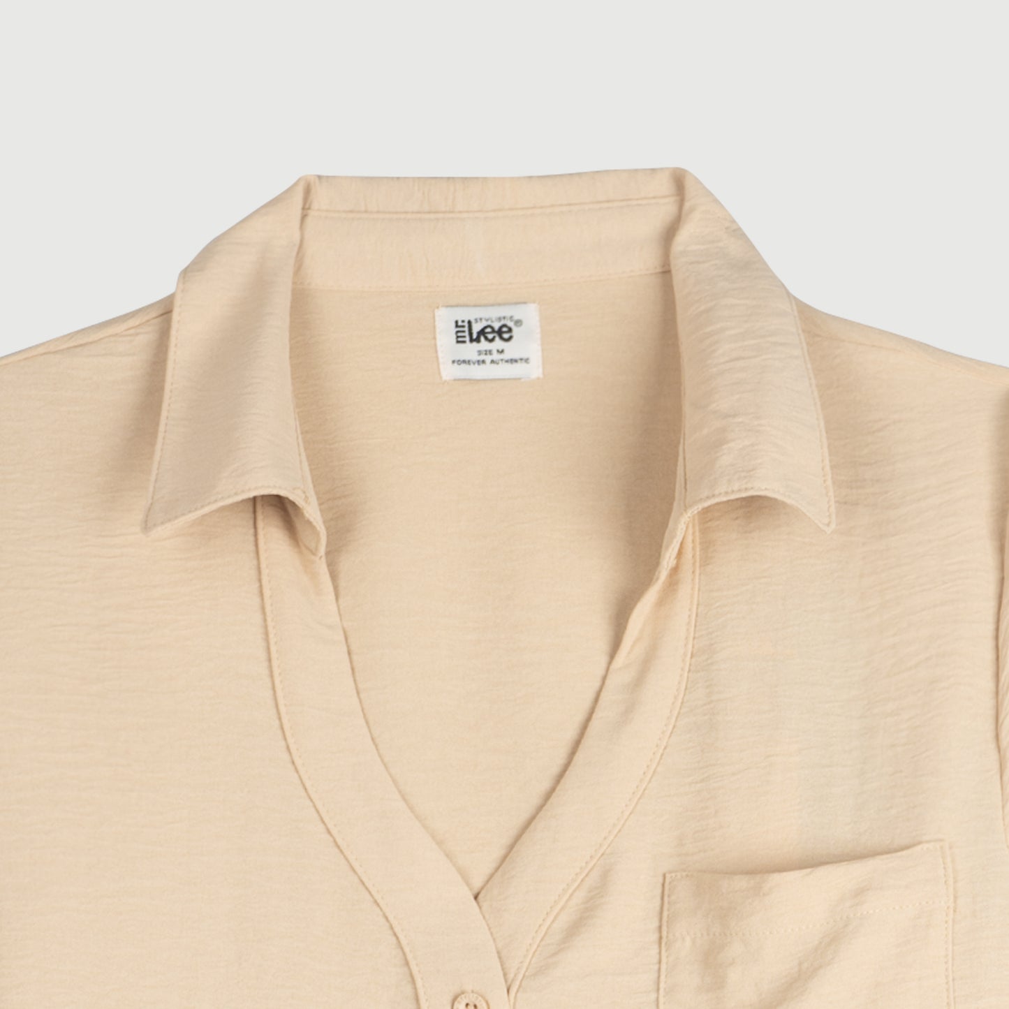 Stylistic Mr. Lee Ladies Basic Woven V-Neck Blouse with Collar for Women Trendy Fashion High Quality Apparel Comfortable Casual Top for Women Boxy Fit 145588 (Beige)