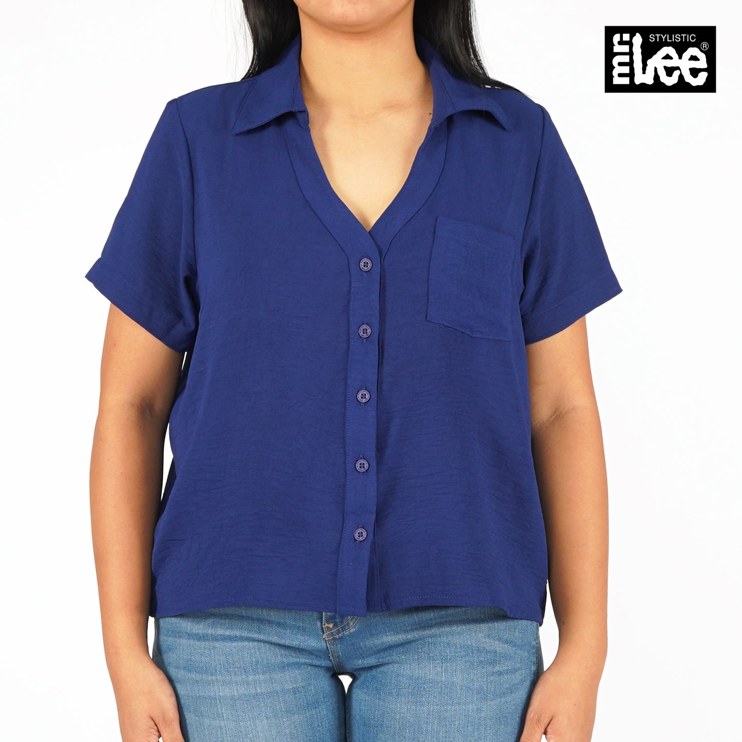 Stylistic Mr. Lee Ladies Basic Woven V-Neck Blouse with Collar for Women Trendy Fashion High Quality Apparel Comfortable Casual Top for Women Boxy Fit 145588 (Navy)