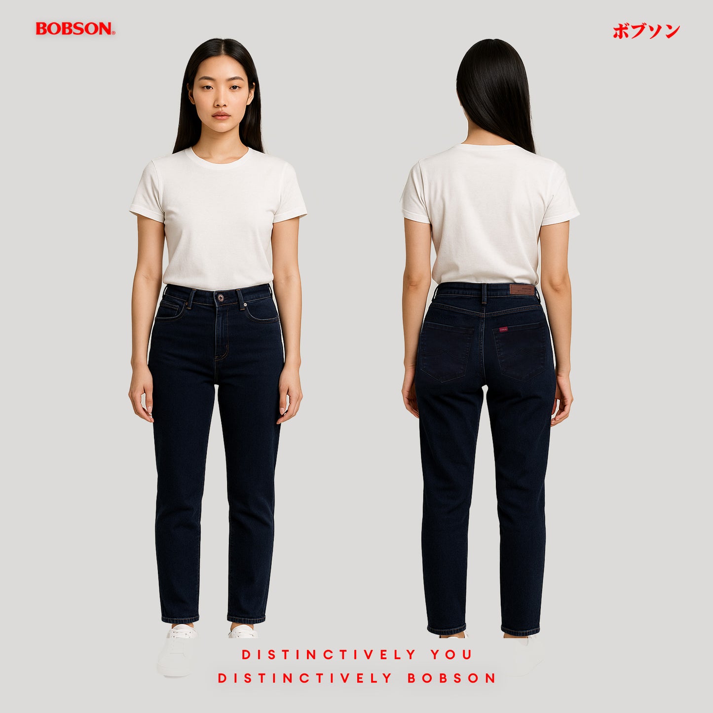 Bobson Japanese Ladies Basic Denim Pants Boyfriend Jeans 192150-U (Dark Shade)