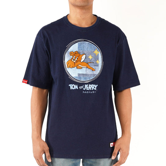 Bobson X Tom and Jerry Men's Oversized Indigo Graphic T Shirt Trendy Fashion High Quality Apparel Comfortable Casual Tees for Men Oversized Shirt 133507 (Dark Wash)