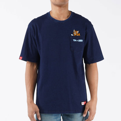 Bobson Japanese X Tom and Jerry Men's Basic Oversized Indigo Pocket T Shirt Trendy Fashion High Quality Apparel Comfortable Casual Top for Men Oversized 133495 (Dark Wash)