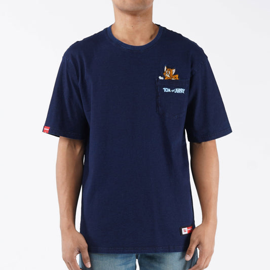 Bobson Japanese X Tom and Jerry Men's Basic Oversized Indigo Pocket T Shirt Trendy Fashion High Quality Apparel Comfortable Casual Top for Men Oversized 133495 (Dark Wash)