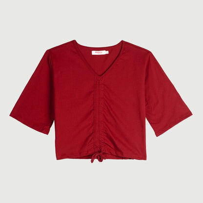 Bobson Japanese Ladies Basic V Neck Tees with Adjustable Front String Trendy Fashion High Quality Apparel Comfortable Casual Top for Women Cotton Spandex Boxy Fit 142011 (Maroon)