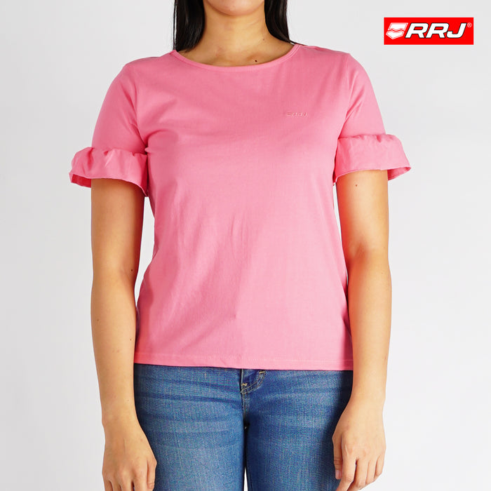 RRJ Basic Tees for Ladies Slim Fitting Ribbed Fabric Trendy fashion Casual Top Pink Tees for Ladies 141023 (Pink)