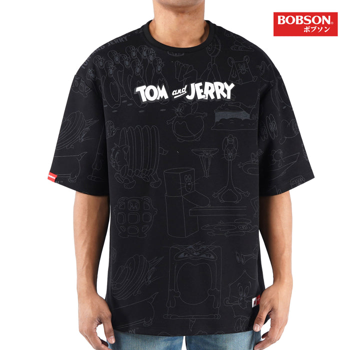 Bobson Japanese X Tom and Jerry Men's Basic All Over Print Oversized T shirt for Men Trendy Fashion High Quality Apparel Comfortable Casual Top for Men 131896 (Black)