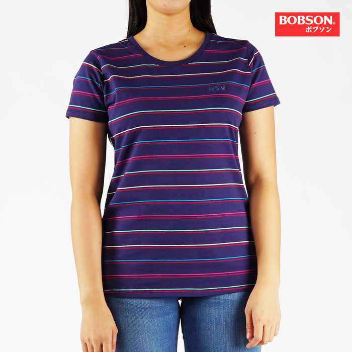 Bobson Japanese Ladies Basic Striped Tees for Women Trendy fashion High Quality Apparel Comfortable Casual Top for Women Regular Fit 123314 (Navy)
