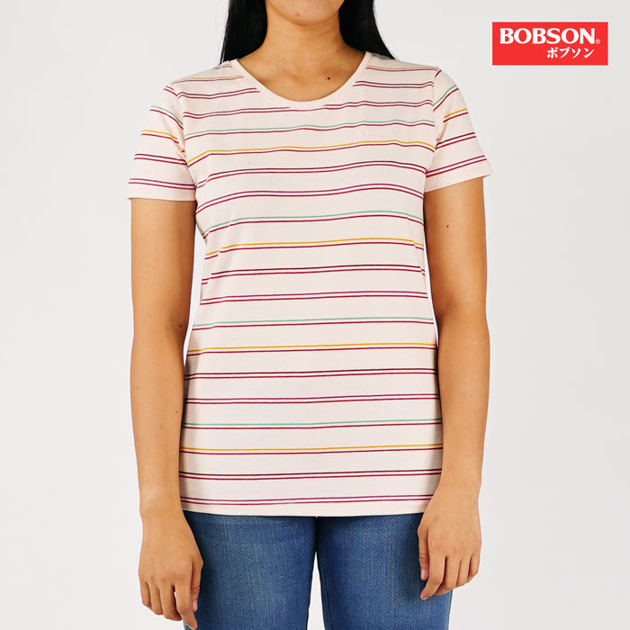 Bobson Japanese Ladies Basic Striped Tees for Women Trendy fashion High Quality Apparel Comfortable Casual Top for Women Regular Fit 123314 (Potpourri)