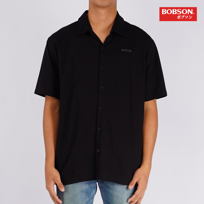 Bobson Japanese Men's Basic Woven Button Down Short Sleeve Shirt for Men Trendy Fashion High Quality Apparel Comfortable Casual Top for Men Regular Fit 141945 (Black)