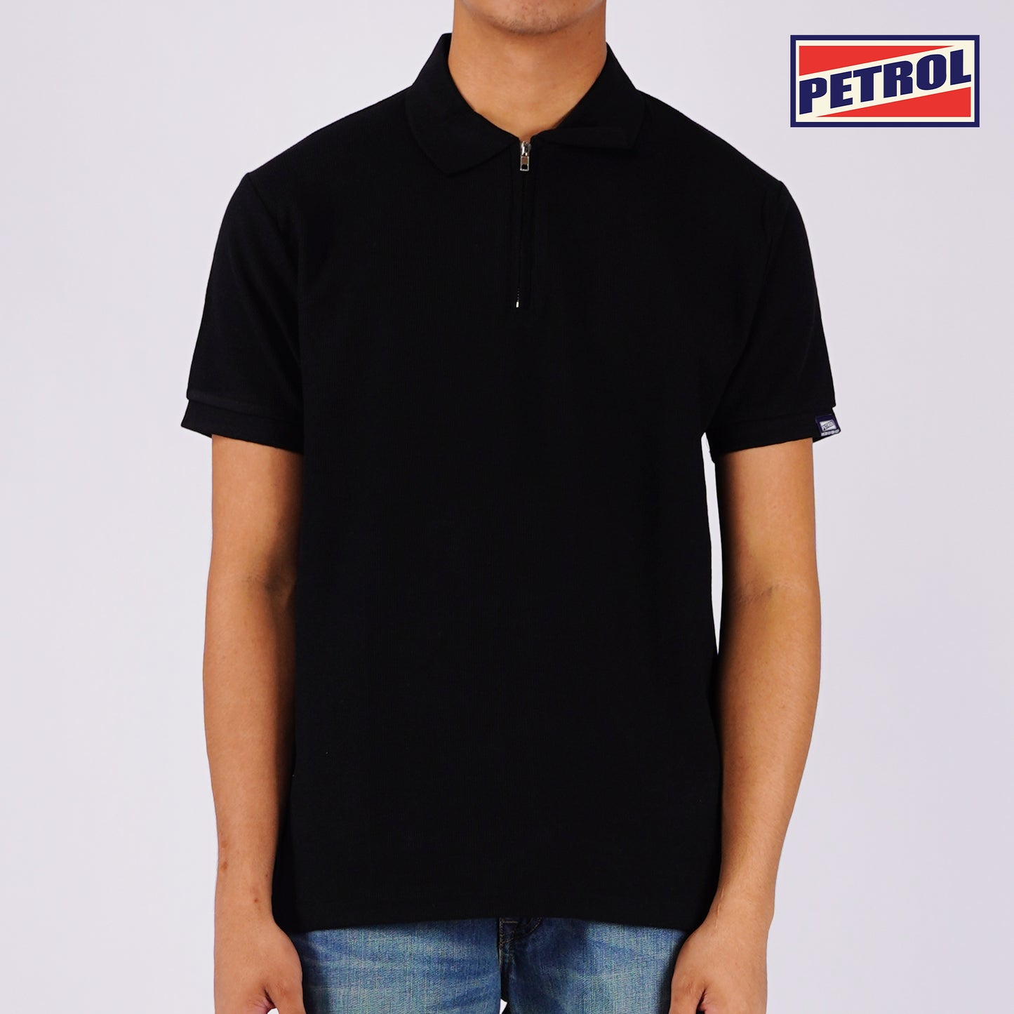 Petrol Basic Collared Slim Fitting Waffle Fabric 159167 (Black)