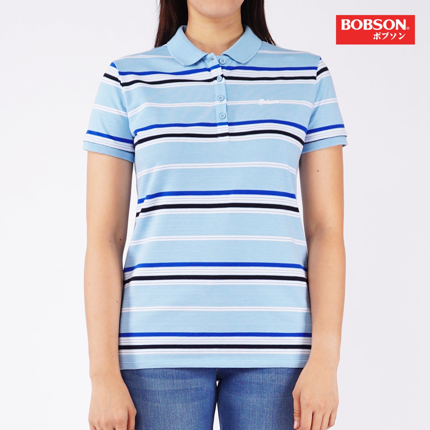 Bobson Japanese Ladies Basic Collared Shirt Missed Lycra Fabric Regular Fit 137302 (Chambray Blue)