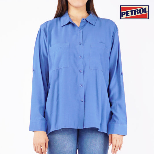 Petrol Ladies Basic Woven Polo Longsleeve Loose Fitting Woven Fabric 139557 (Blue)