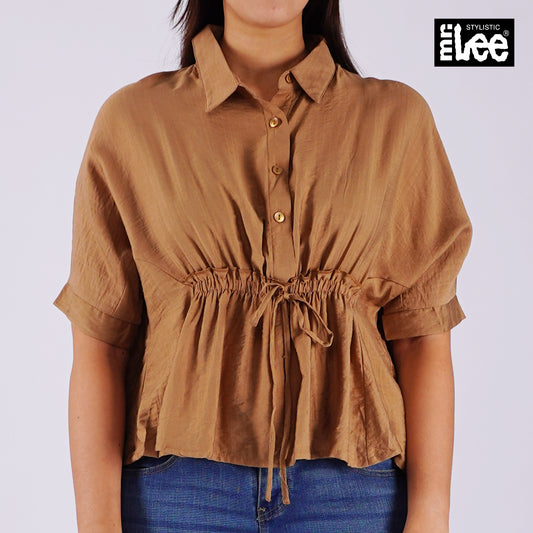 Stylistic Mr. Lee Ladies Basic Button Down Woven Shirt Boxy Fit 158247 (Khaki)
