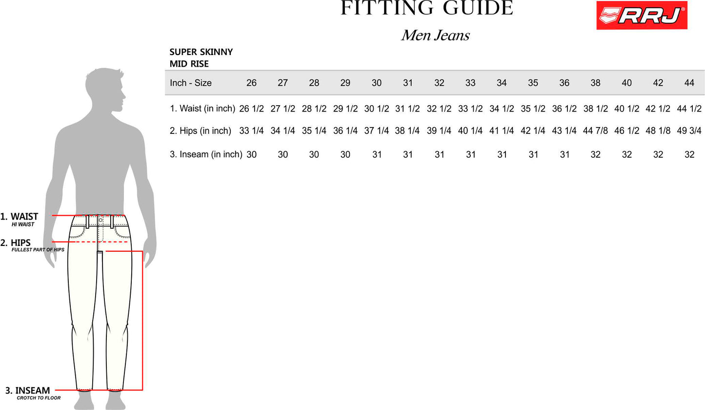 RRJ Men's Basic Denim Pants Superskinny Fitting Mid-Rise Extreme with Details Fabric 169925 (Medium Shade)