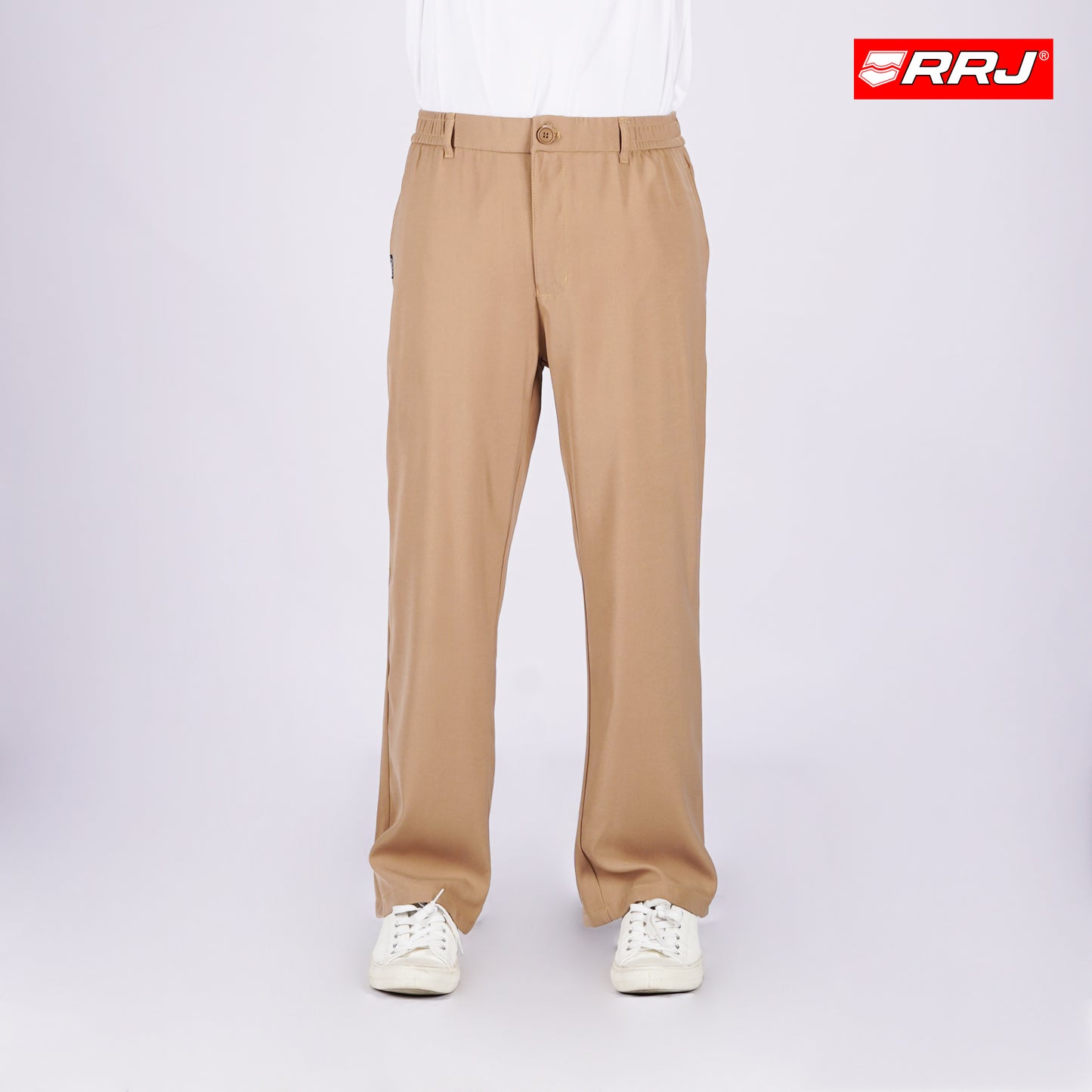RRJ Men's Basic Non-Denim Trouser Pants Mid-Rise Fitting Rinse Wash Fabric 170408 (Beige)