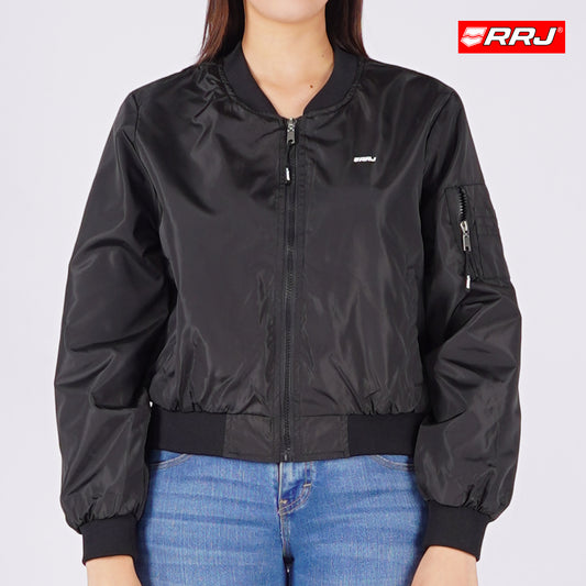 RRJ Ladies Basic Bomber Jacket Regular Fitting Nylon Fabric 140496 (Black)