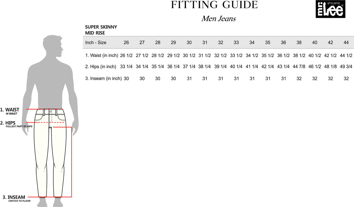 Stylistic Mr. Lee Men's Basic Denim Pants Super Skinny Mid Waist 172879 (Medium Shade)