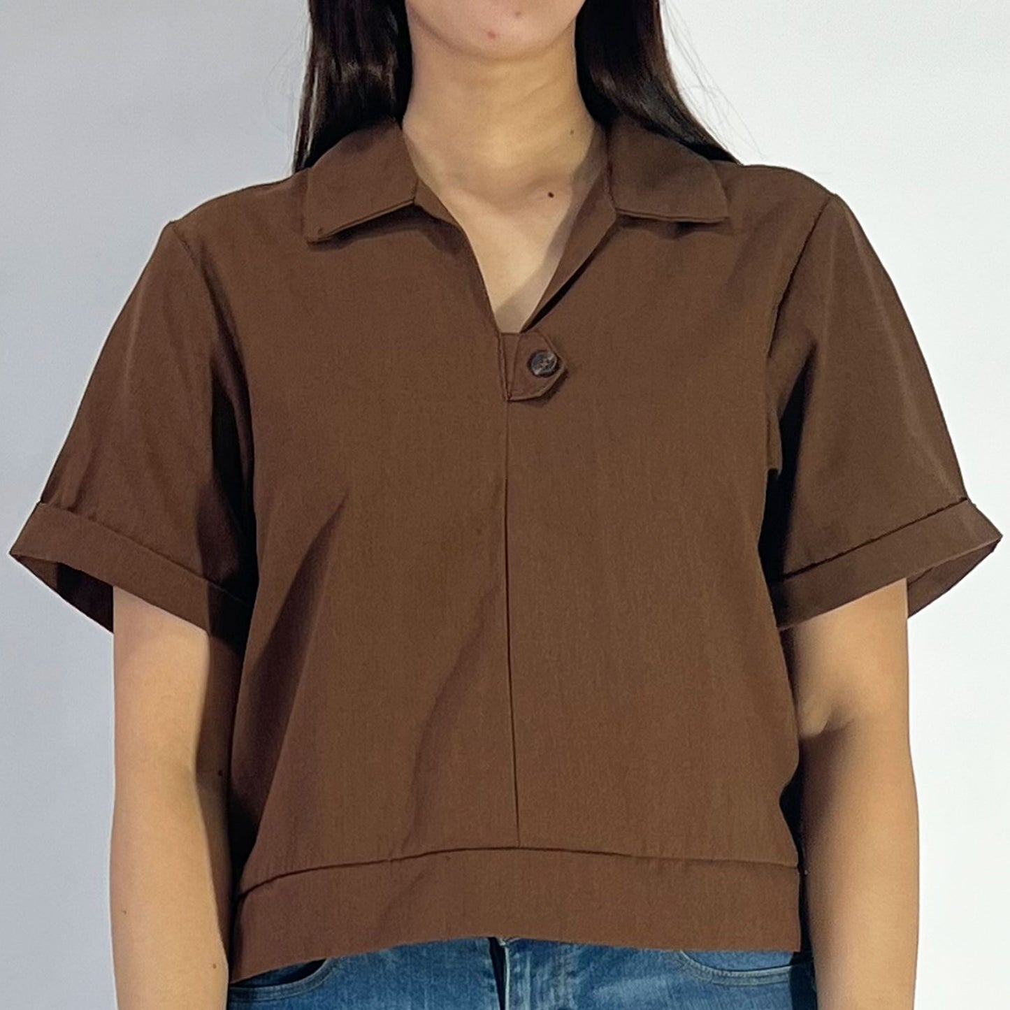 Petrol Ladies Basic Woven Shirt Boxy Fitting Linen Fabric 167051 (Brown)