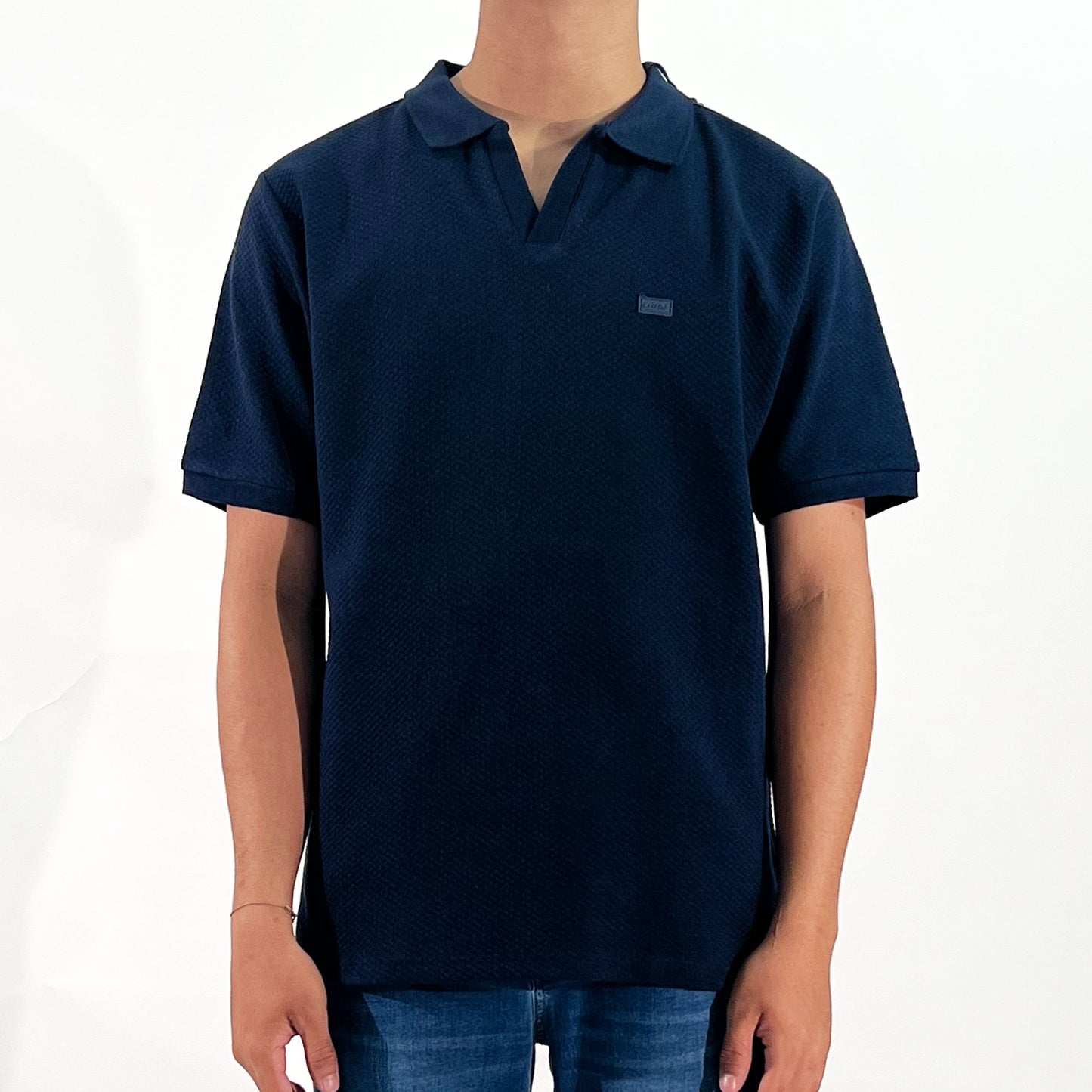 RRJ Men's Basic Collared Shirt Semibody Fitting Special Fabric 169608 (Navy)