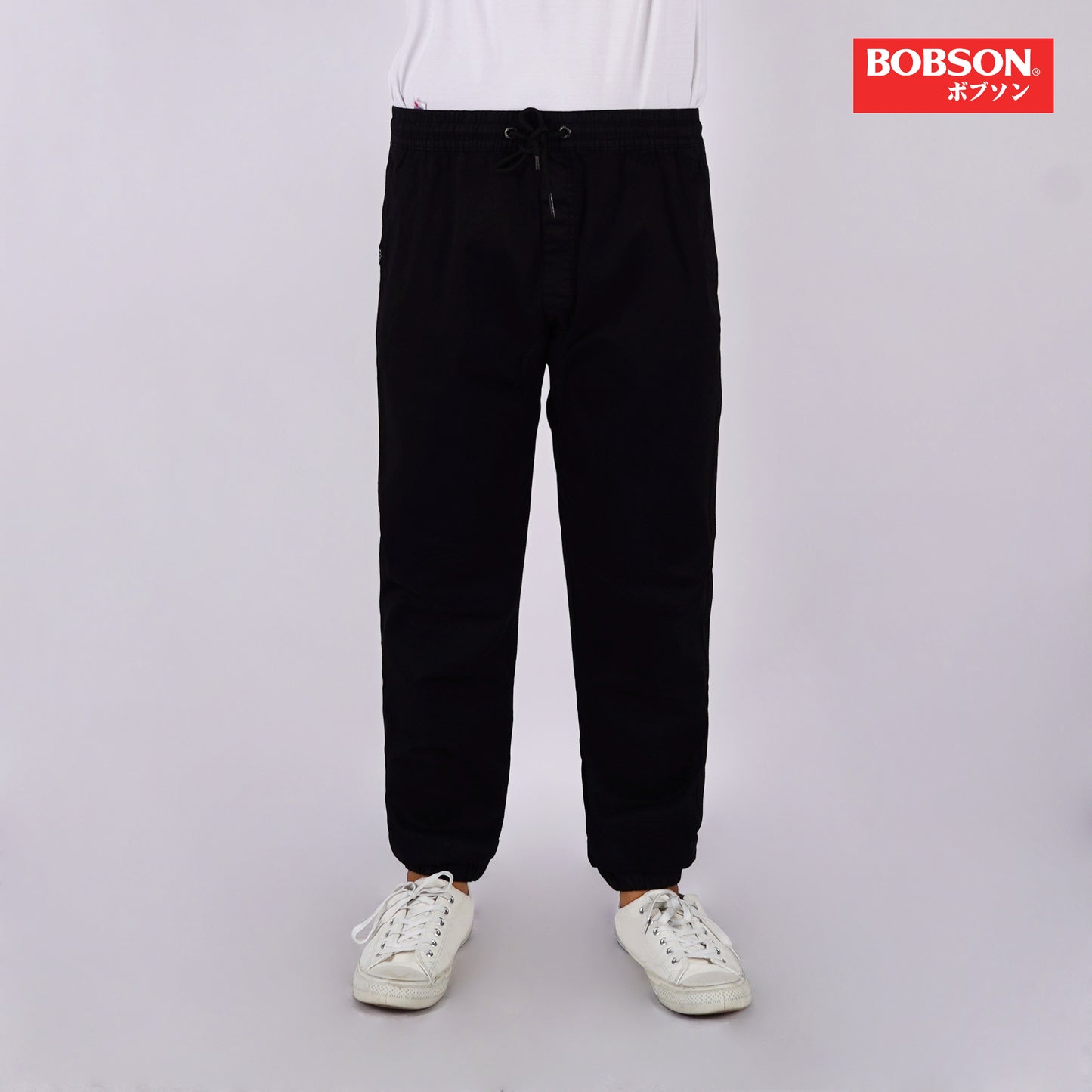 Bobson Japanese Men's Basic Non-Denim Jogger Pants Mid Waist 176562 (Black)