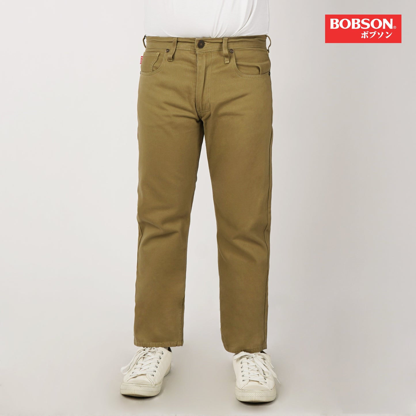 Bobson Japanese Men's Basic Denim Pants Skinny Mid Waist 175372 (Khaki)