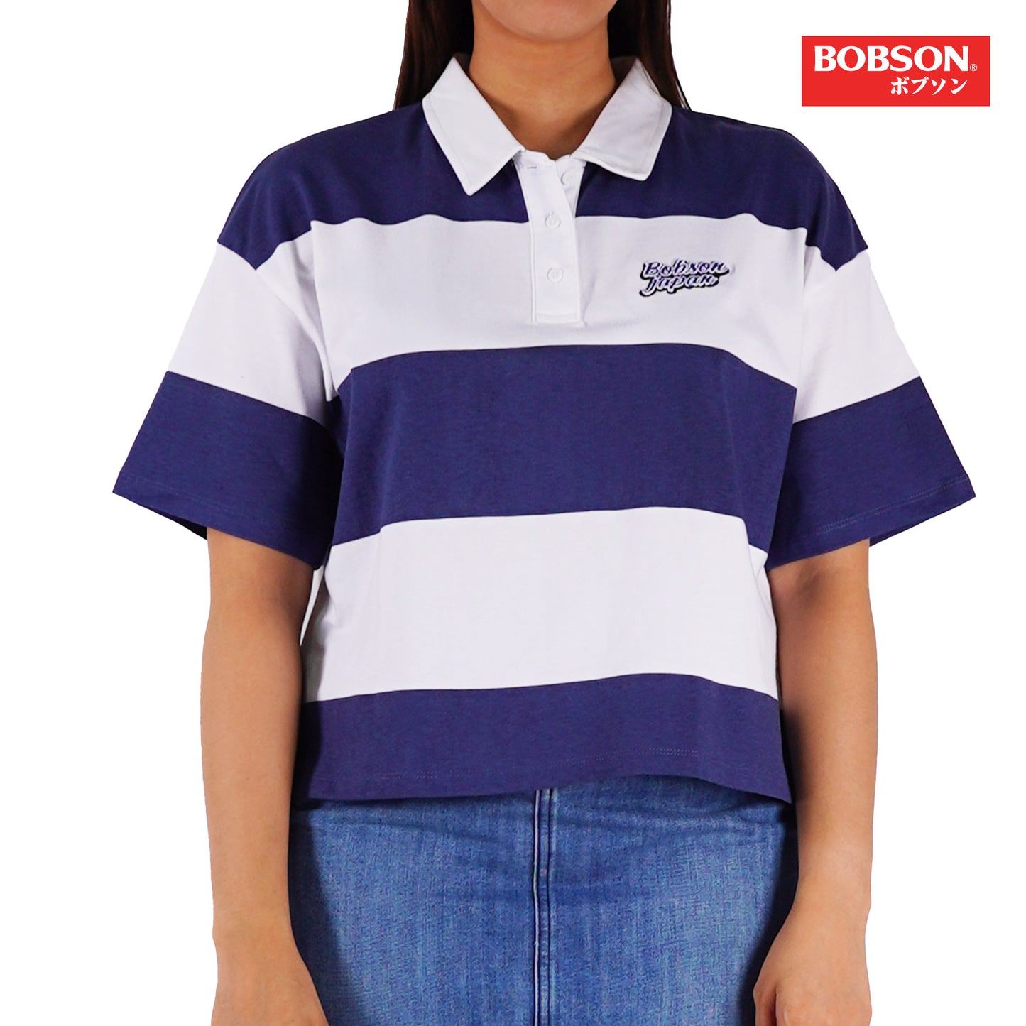 Bobson Japanese Ladies Basic Collared Shirt Crop Fit 157829 (Navy)