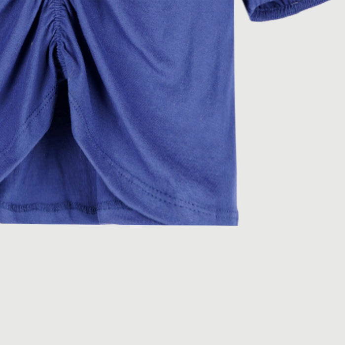 Stylistic Mr. Lee Ladies' V-Neck Basic Tees Puffed Sleeve Plain Blouse Garterized Front Style Regular Fit 109295 (Blue)