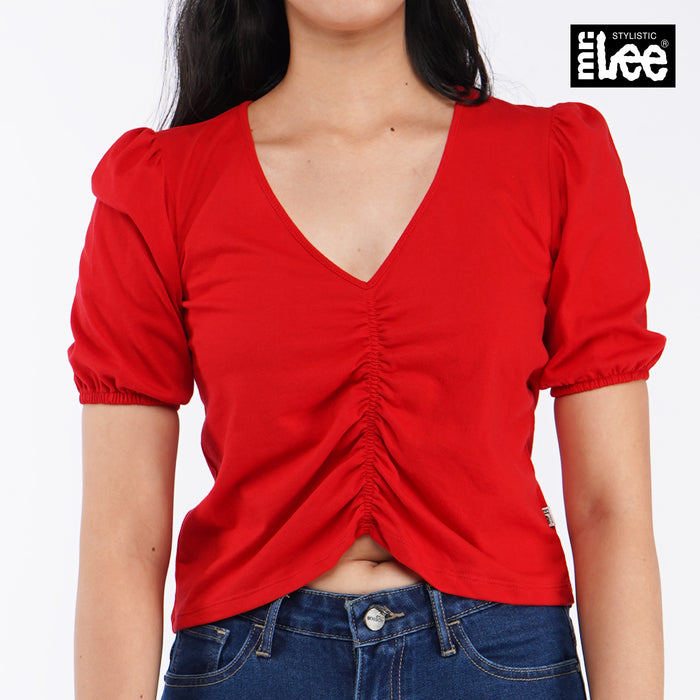 Stylistic Mr. Lee Ladies' V-Neck Basic Tees Puffed Sleeve Plain Blouse Garterized Front Style Regular Fit 109295 (Red)