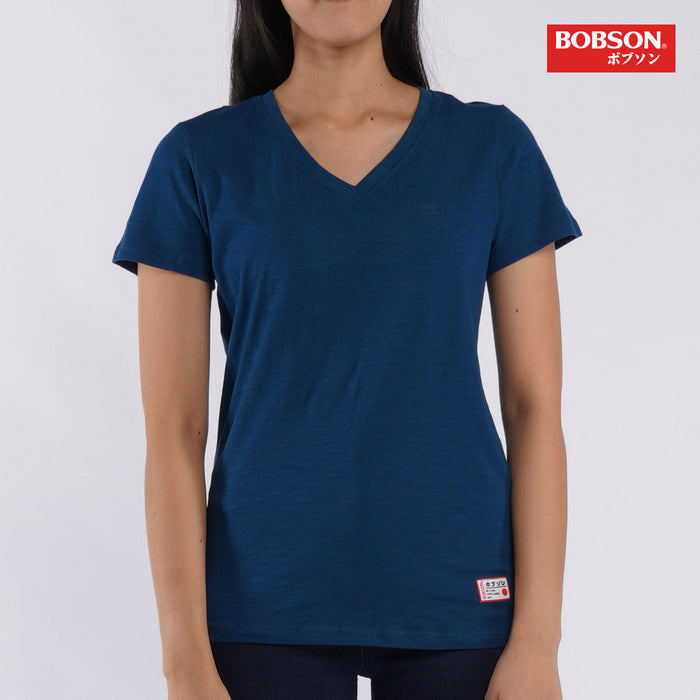 Bobson Japanese Ladies Basic Tees Fashionable Casual Apparel V-Neck T-shirt For Women Trendy Fashion High Quality Regular Fit 106605-U (Blue)