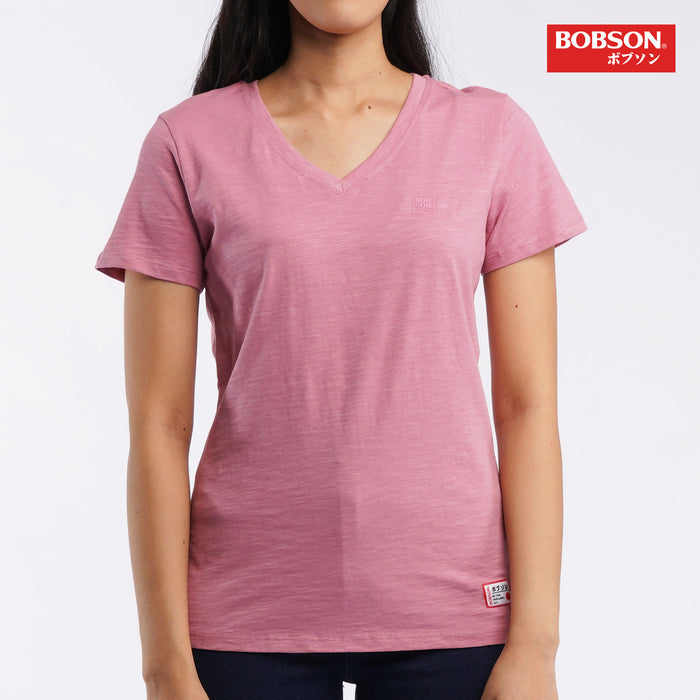 Bobson Japanese Ladies Basic Tees Casual Apparel Plain V-Neck T-shirt For Women Trendy Fashion High Quality Plain Tops For Women Regular Fit 106626-U (Pink)