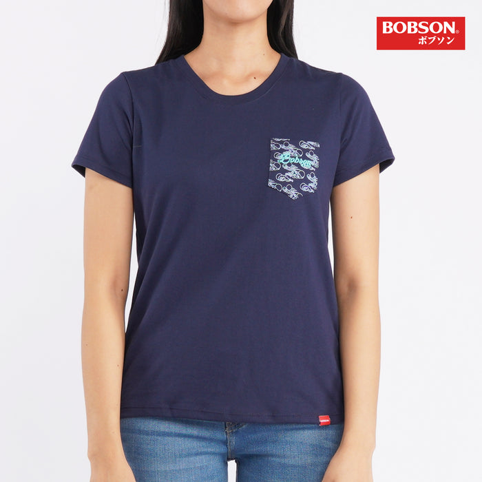 Bobson Japanese Ladies Basic Round Neck T-shirt for Women with chest pocket Trendy Fashion High Quality Apparel Comfortable Casual Top for Women Relaxed Fit 123230-U (Navy)
