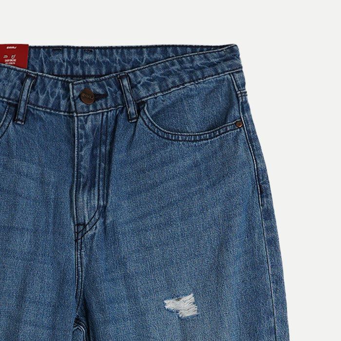 RRJ Ladies' Basic Denim Mid Waist Pants Straightcut fitting Indigo Blue w/ details Trendy fashion Mom Boy Friend Jeans Casual Bottoms Light Shade Denim Pants for Women's 142379 (Light Shade)