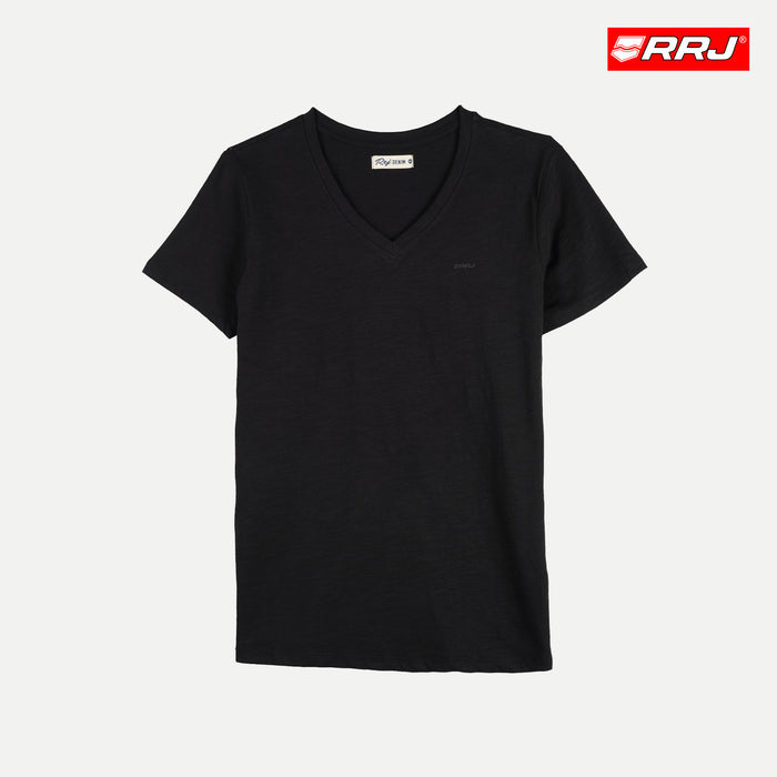 RRJ Basic Tees for Ladies Regular Fitting Shirt CVC Jersey Fabric Trendy fashion Casual Top Plain V-Neck T-shirt for Ladies 117851-U (Black)