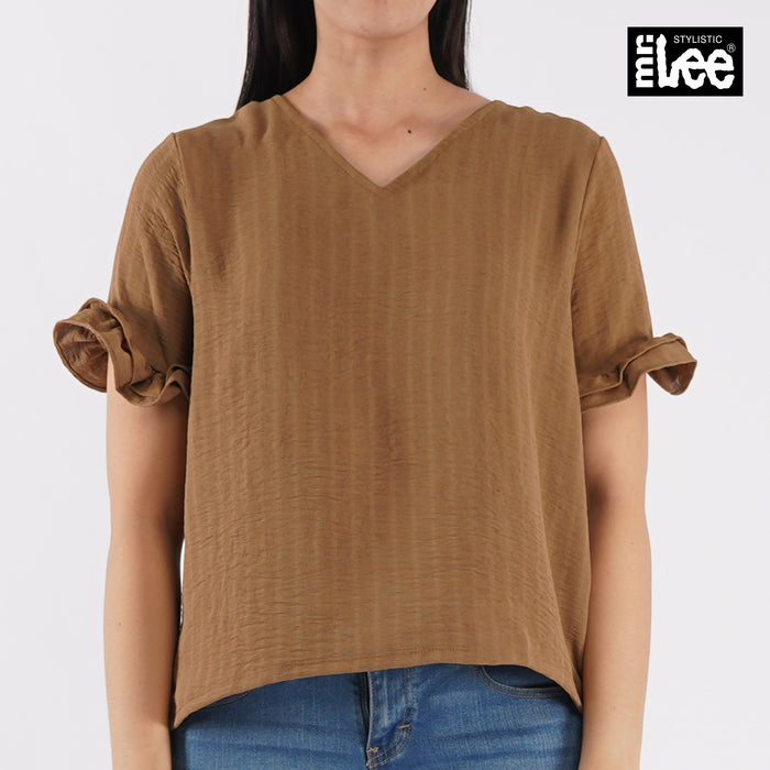 Stylistic Mr. Lee Ladies Basic Woven V-Neck Blouse for Women Trendy Fashion High Quality Apparel Comfortable Casual Top for Women Boxy Fit 136809 (Brown)