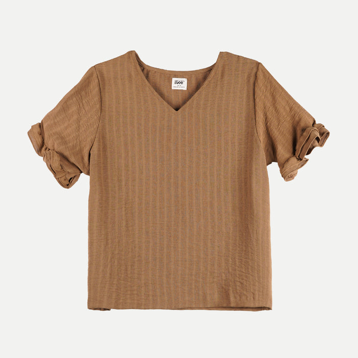 Stylistic Mr. Lee Ladies Basic Woven V-Neck Blouse for Women Trendy Fashion High Quality Apparel Comfortable Casual Top for Women Boxy Fit 136809 (Brown)