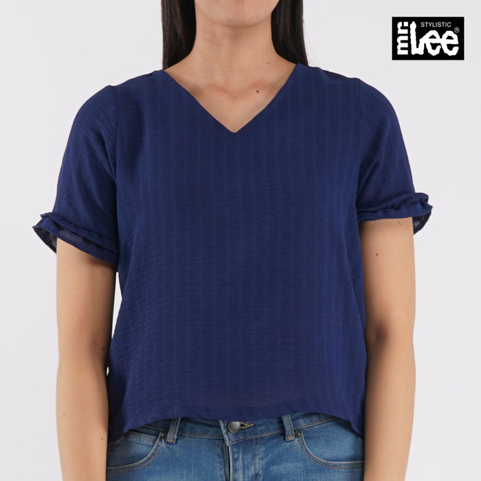 Stylistic Mr. Lee Ladies Basic Woven V-Neck Blouse for Women Trendy Fashion High Quality Apparel Comfortable Casual Top for Women Boxy Fit 136809 (Navy)