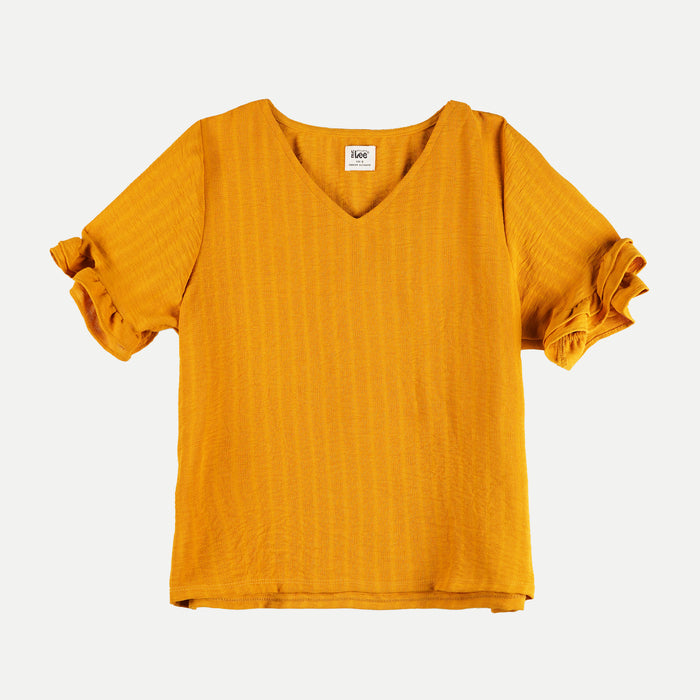 Stylistic Mr. Lee Ladies Basic Woven V-Neck Blouse for Women Trendy Fashion High Quality Apparel Comfortable Casual Top for Women Boxy Fit 136809 (Yellow)