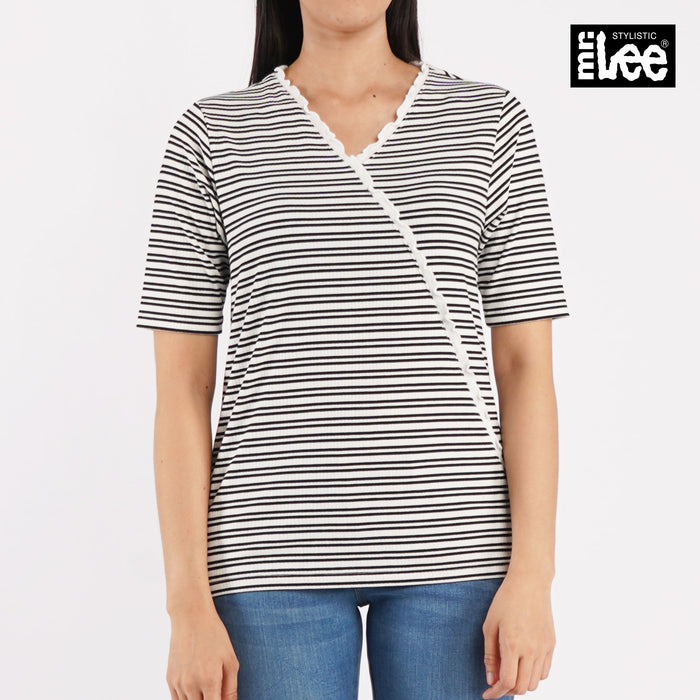 Stylistic Mr. Lee Ladies Basic Tees Striped V-Neck 3/4 Sleeve Top for Women Trendy Fashion High Quality Apparel Comfortable Casual Top for Women Regular Fit 109093-U (White)