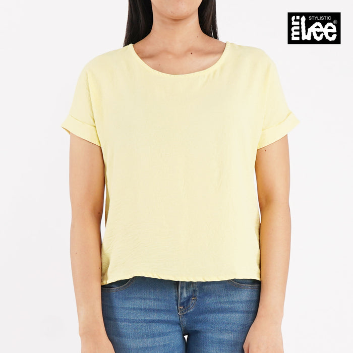 Stylistic Mr. Lee Ladies Basic Woven Round Neck Shirt for Women Trendy Fashion High Quality Apparel Comfortable Casual Top for Women Boxy Fit 141401 (Yellow)