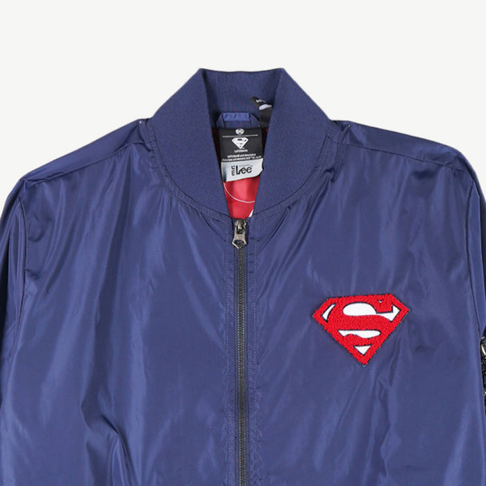 Stylistic Mr. Lee Men's X Justice League Super Man Logo Basic Bomber Jacket Trendy Fashion High Quality Apparel Comfortable Casual Jacket for Men Regular Fit 131682 (Navy)